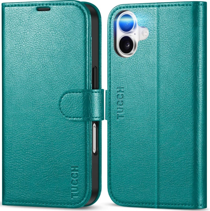 TUCCH Wallet Case for iPhone 16, [RFID Blocking] 4 Card Holder Kickstand [Shockproof TPU Interior Case] PU Leather Magnetic Closure Protective Flip Cover Compatible with iPhone 16 5G 2024, Cyan - Image 1